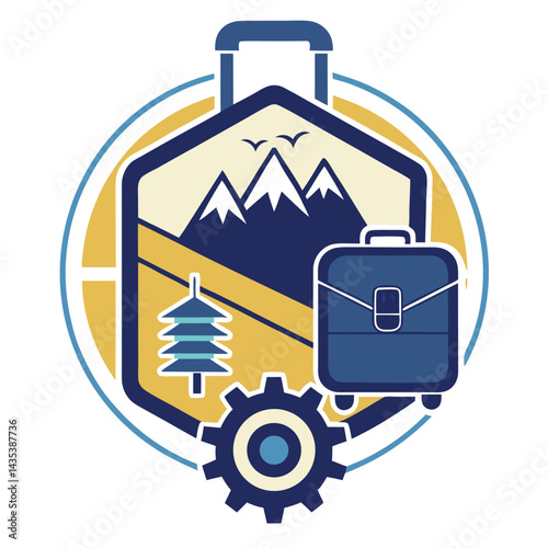 Minimalist logo design showcasing a luggage brand with mountain and tree motifs, embodying adventure and travel spirit in a stylish manner