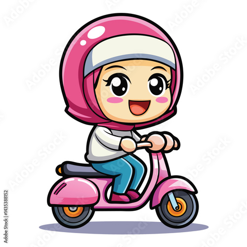 Cartoon girl on a pink scooter