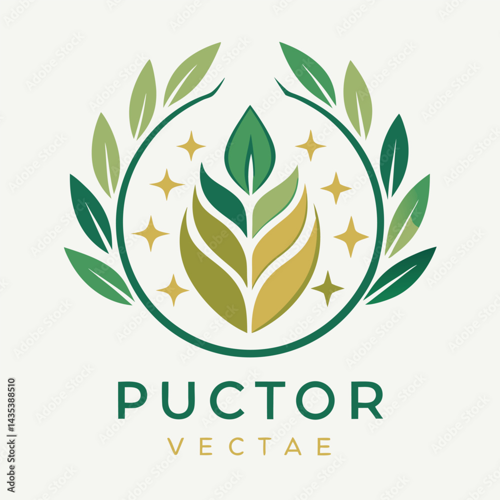 Pure vector logo design for a natural skincare brand emphasizing eco-friendliness and vitality within a circular emblem featuring elegant leaves and a central leaf symbol Pure vector logo design for a natural skincare brand emphasizing eco-friendliness and vitality within a circular emblem featuring elegant leaves and a central leaf symbol