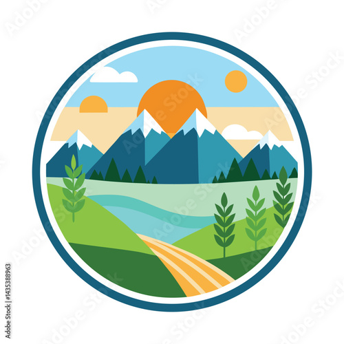 Scenic minimalist logo representing landscape photography in a vibrant natural environment with mountains and a river under sun