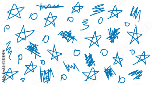 Vivid blue stars and abstract shapes scattered across a white background create a playful atmosphere. This vector illustration can enhance designs for children s activities, crafts, and art projects