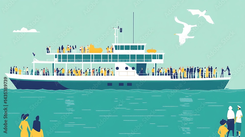 Fototapeta premium Crowded Ferry with Ocean Voyage, and Summer.