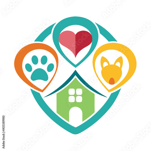 Heart centered vector logo representing a pet adoption agency dedicated to finding loving homes for animals in need