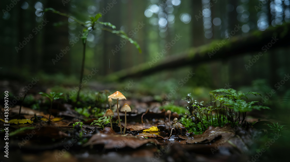 Enchanting forest mushrooms after rain delicate beauty thrives in nature's embrace Enchanting forest mushrooms after rain delicate beauty thrives in nature's embrace