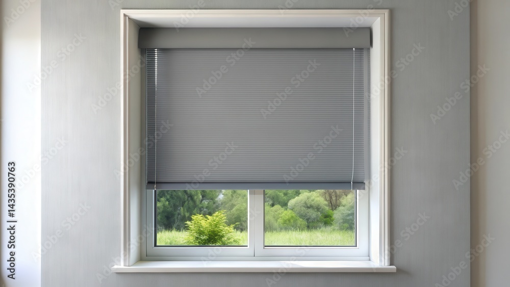 Fototapeta premium Modern Gray Roller Blind Window Decor, gray blackout roller blind, plastic window shutter