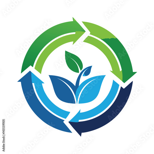 Modern logo representing the principles of circular economy, showcasing sustainability and environmental technology through a clean design with green and blue elements