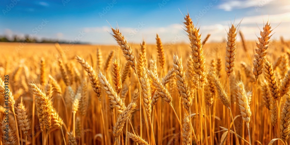 Fototapeta premium Golden wheat stalks standing tall in a dry cereal field after harvest in summer