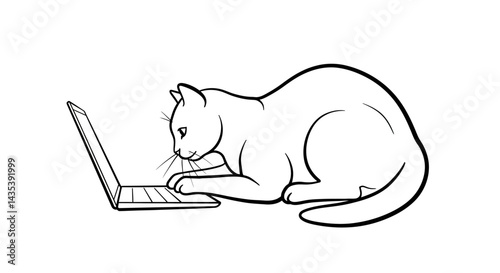 Stylized Cat Typing on Laptop with Focused Gaze and Paws on Keyboard