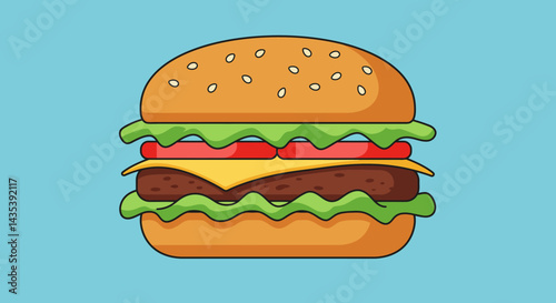 Cartoon Burger with Lettuce Tomato Cheese and Sesame Seed Bun
