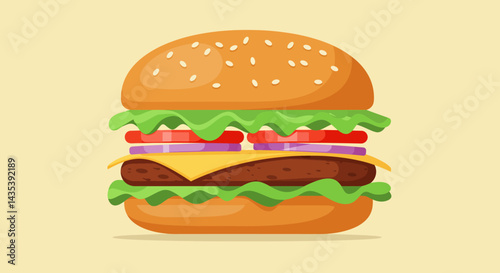 Deliciously Layered Hamburger with Sesame Seed Bun and Fresh Vegetables