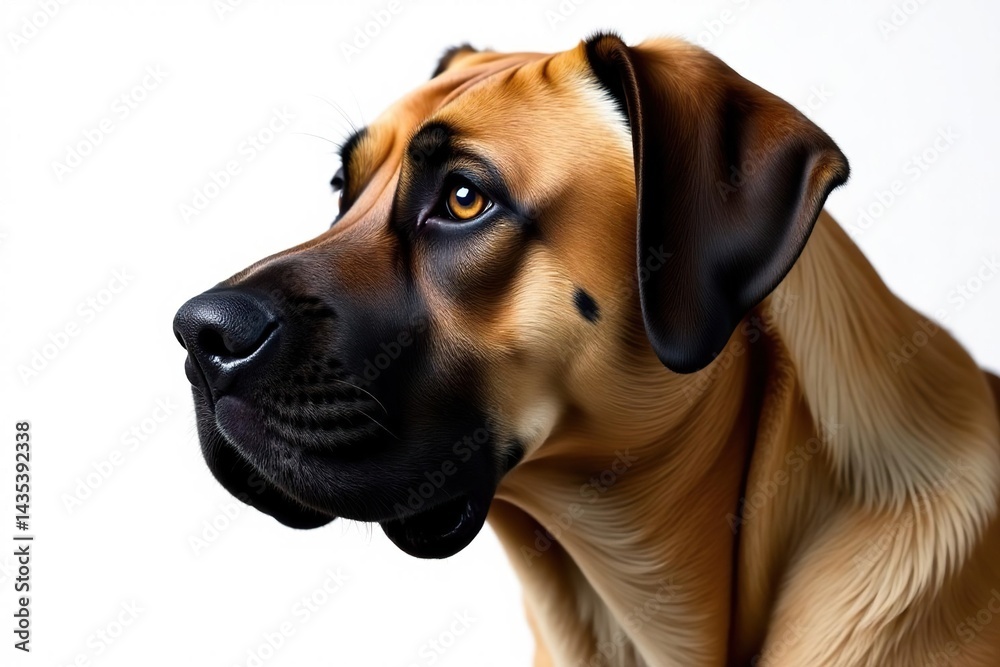 Noble mastiff head shot, intense gaze, pure white backdrop, photography, animal portrait Noble mastiff head shot, intense gaze, pure white backdrop, photography, animal portrait