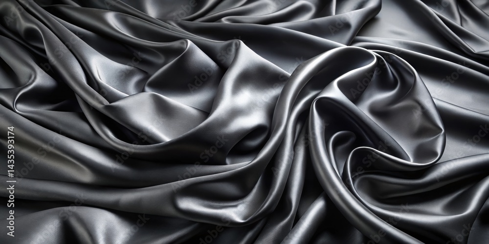 Fototapeta premium Wavy folds of luxurious black silk fabric draped elegantly on a sleek surface, fashion textile, sophisticated texture