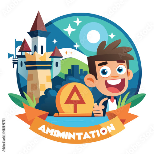 Creative vector logo design for an animation studio that features a cheerful character with a castle backdrop and vibrant elements representing imagination and creativity