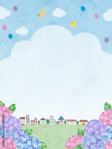 紫陽花と街並みの水彩風、風景イラスト