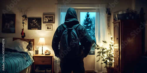 Nighttime Bedroom Scene Realistic Photo: Teenager with Backpack Looking Out Window