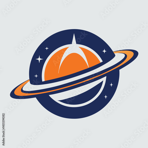 Minimalist logo design for a commercial space tour showcasing a stylized planet and rings against a dark blue background with stars