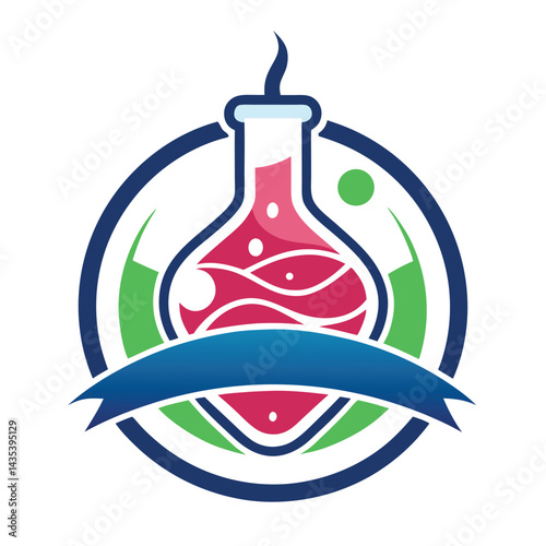 Modern vector logo design representing an innovative lab grown meat company with a colorful flask symbolizing biotechnology and sustainability efforts in the food industry