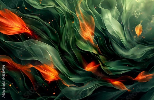 Green and red flowery background with a green and red flower in the foreground. The background is a mix of green and red with some orange and yellow elements