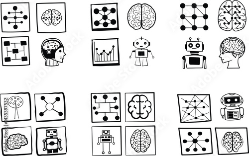 Artificial intelligence and robotics icon set in doodle style