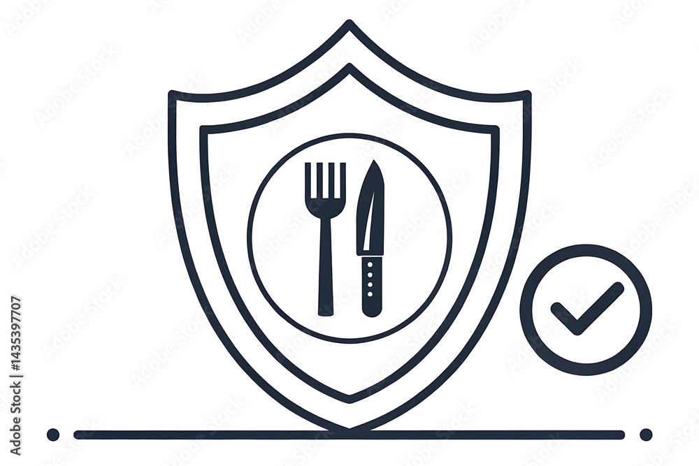 inimalist Vector Graphic of Shield with Fork and Knife Emblem Representing Food Safety and Protection