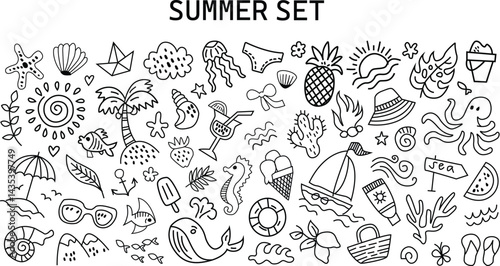 
Hand drawn line drawing summer beach background set. Doodle sea bg. Cute hand drawn sketch flower, sun, cloud, wave, palm, whale, beach umbrella, boat icon. summer vector elements. 