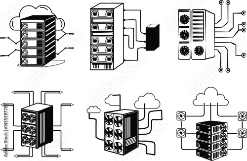 Black and white server and cloud computing icons set illustration