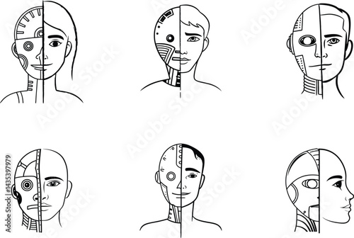 Human robot hybrids line art collection futuristic technology and artificial intelligence concepts