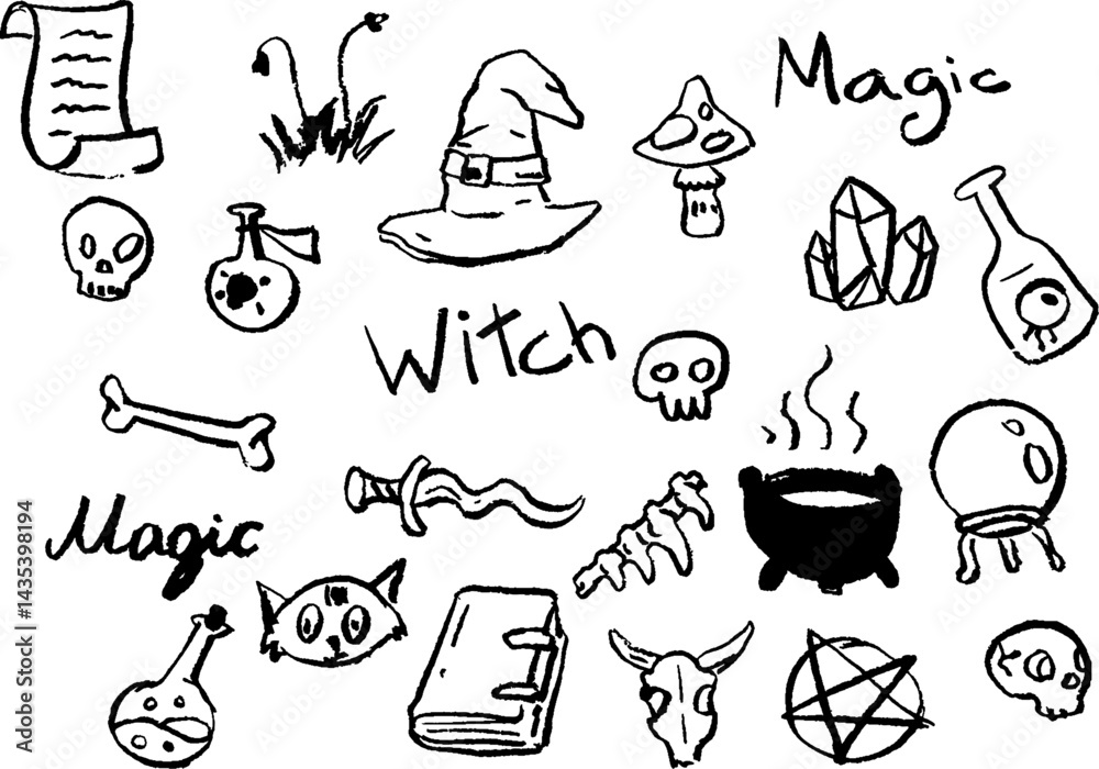 Obraz premium Charcoal doodle set, witch magic theme, various mystical items, black-white sketches, playful design. Elements include cauldrons, skulls, and spell books. Art captures a whimsical occult vibe.