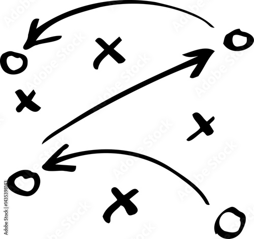 Sports tactics sketch showing team movement and strategy. Hand-drawn arrows and player positions.