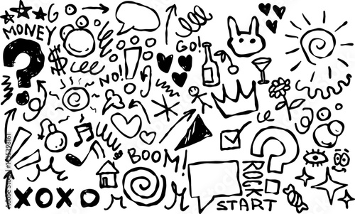 Doodle set with fun symbols, hearts, stars, and musical notes. Hand drawn design perfect for creative projects and prints.