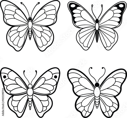Set of four butterfly outlines black and white clip art collection