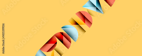 Abstract geometric shapes overlap, creating dynamic diagonal pattern. Warm yellow background contrasts cool tones. Minimalist design.
