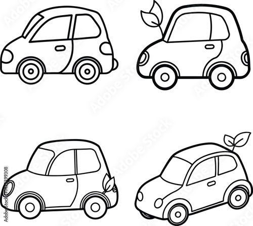 Cute cartoon eco friendly cars with leaves line art illustration