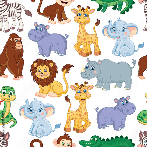 Seamless bright pattern with african animals. lion, elephant, giraffe, rhinoceros, monkey, snake, crocodile. hippopotamus