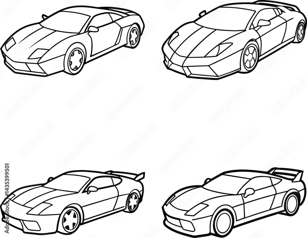 Obraz premium Set of four sport car outlines modern vehicle black and white illustrations
