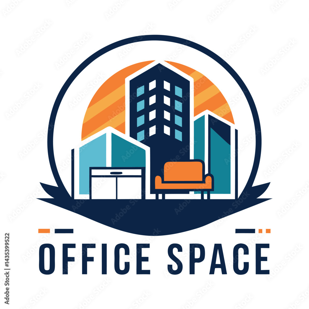 Fototapeta premium Professional minimalist logo design representing modern office space rental with urban elements and a welcoming atmosphere for potential tenants and businesses