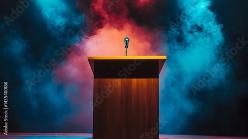 Empty Podium Stage with Microphone and Smoke