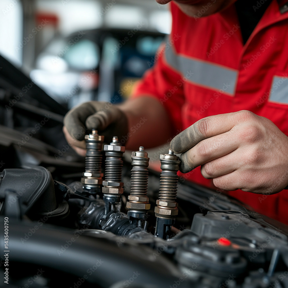 Naklejka premium Mechanic replacing spark plugs in a car's engine