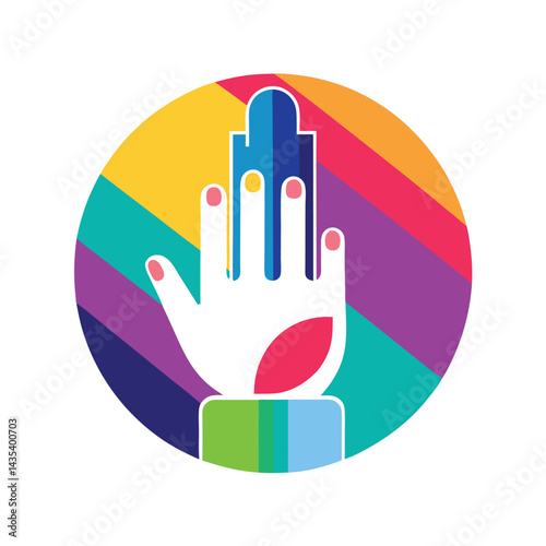 Colorful minimalist logo design for a nail polish brand featuring a stylized hand with vibrant colors and geometric shapes