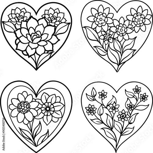 Floral hearts collection black and white outline for coloring pages or valentines day