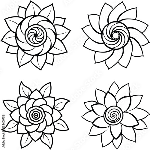 Four black and white floral designs with spirals and petals isolated on white