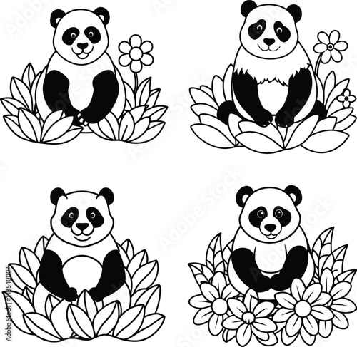 Cute panda bears in a field of flowers line art