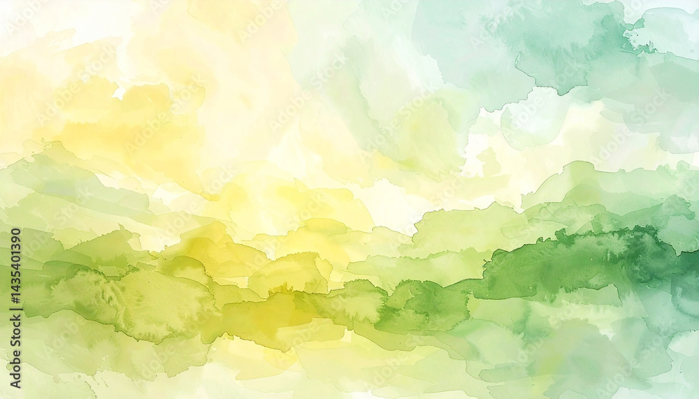 Fototapeta premium Watercolor painting with soft brushstrokes in green yellow tones, dreamy and relaxing. Hand drawn