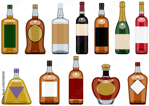 いろいろな種類の洋酒とワインのボトルのセット