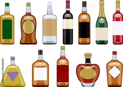 いろいろな種類の洋酒とワインのボトルのセット