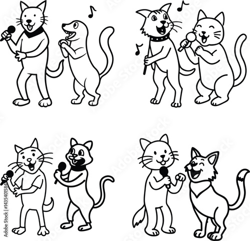 Cartoon cats and dogs singing with microphones black and white line art