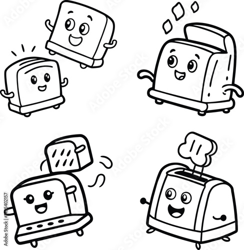 Fun toaster cartoon characters black and white line art set design