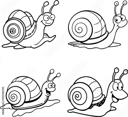 Cute cartoon snails line art illustration set for coloring book