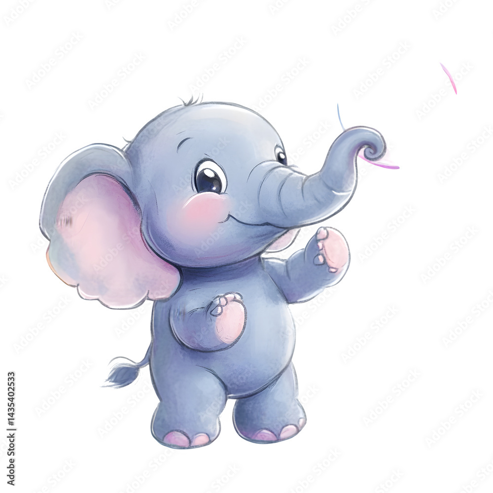 Fototapeta premium A cheerful baby elephant blowing bubbles, isolated on a transparent background.