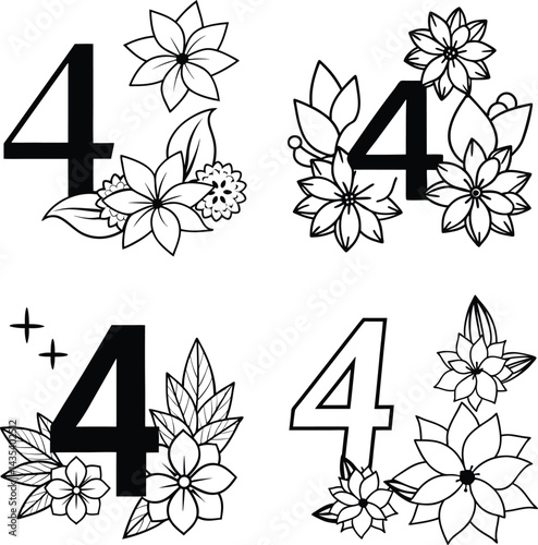 Number four floral embellishments black and white line art illustrations
